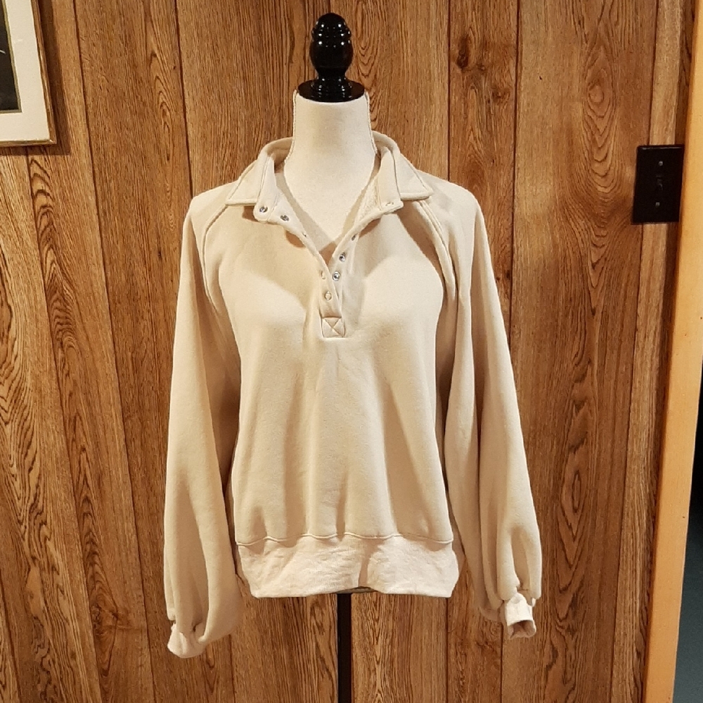 Papermoon Cream Henley Collared Fuzzy Balloon-Sleeved Pullover (L)